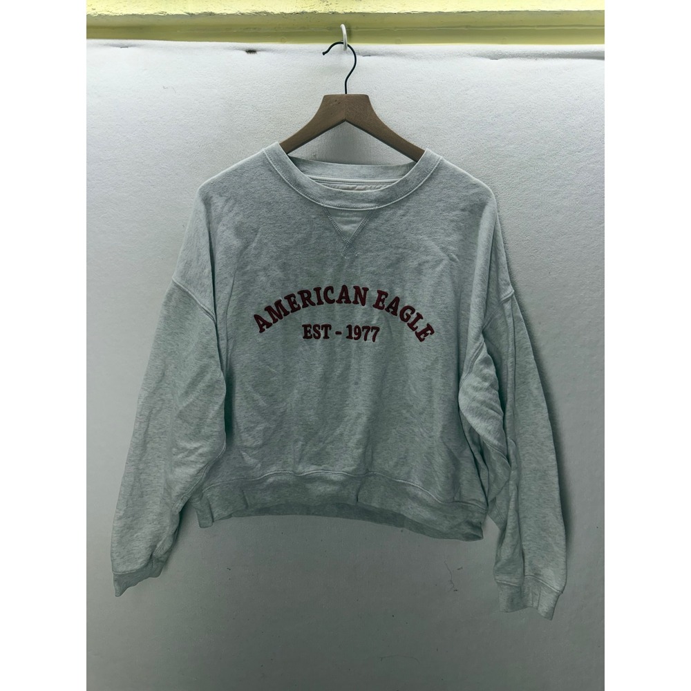 American Eagle Sweatshirt Women Large Grey Cropped Crewneck Logo 1977 3585